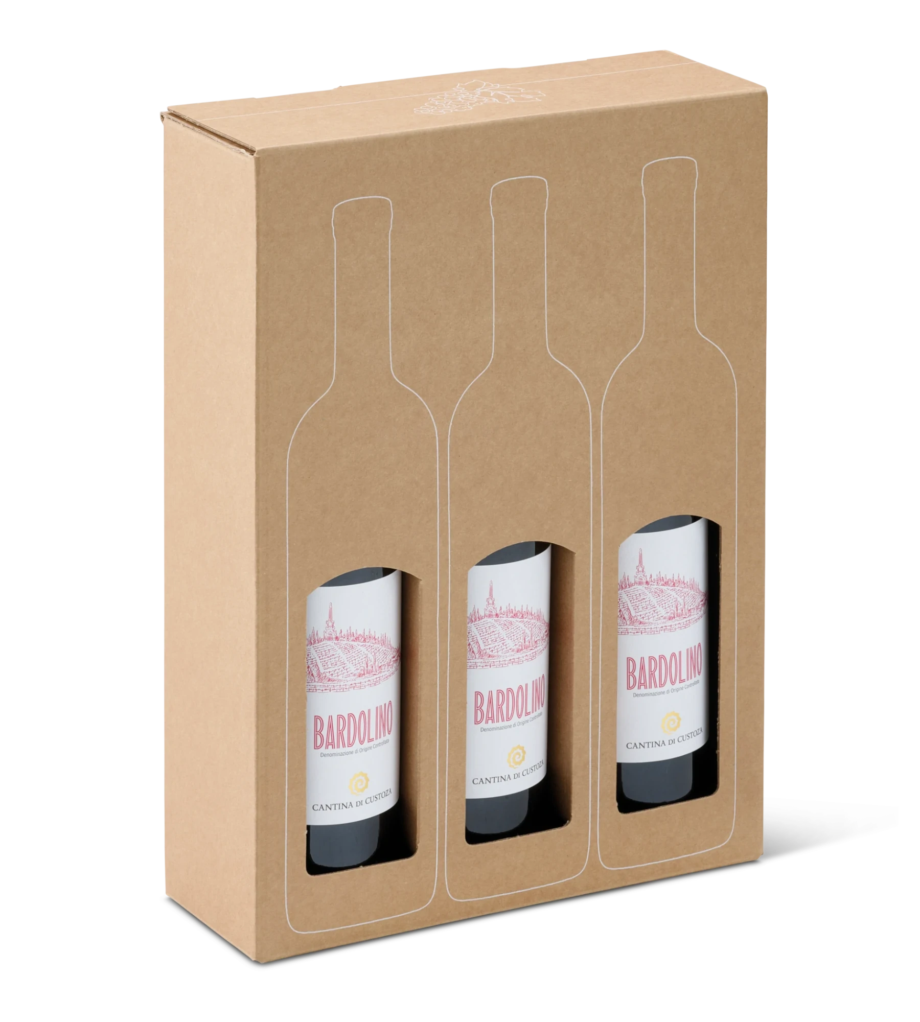 Kartonverpackung mit drei Bardolino-Weinflaschen, sichtbar durch Aussparungen; Flaschenumriss auf dem Karton aufgedruckt.