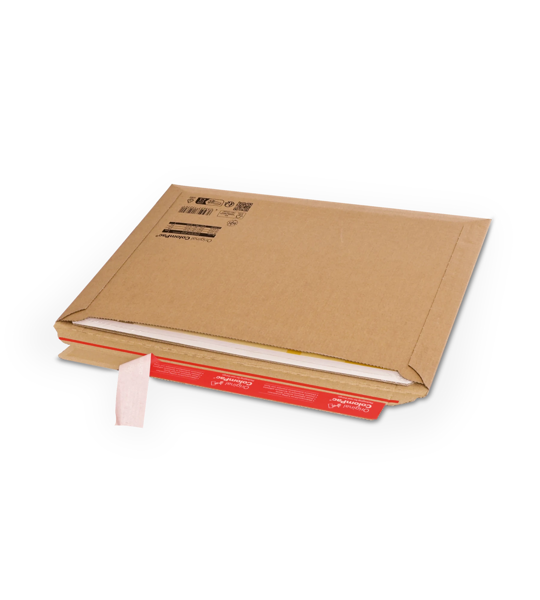 Braune Versandtasche aus Wellpappe, geöffnet. Daraus ragt ein rotes Buch. Mit roten ColomPac-Selbstklebeverschluss an der Verschlusslasche.