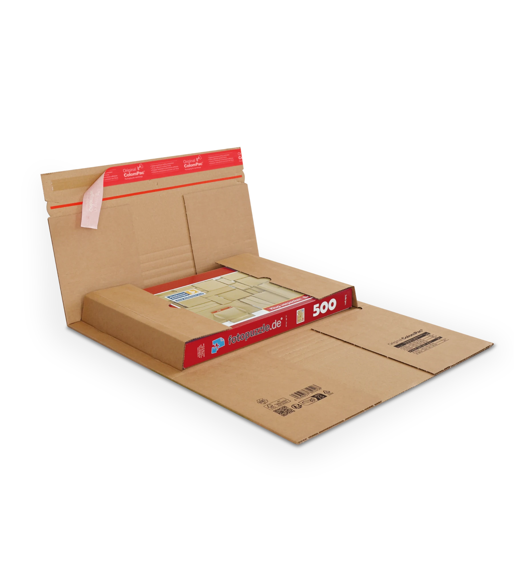 Wickelverpackung aus Wellpappe mit roten ColomPac-Selbstklebeverschluss oben. Im Inneren eine Puzzlebox.