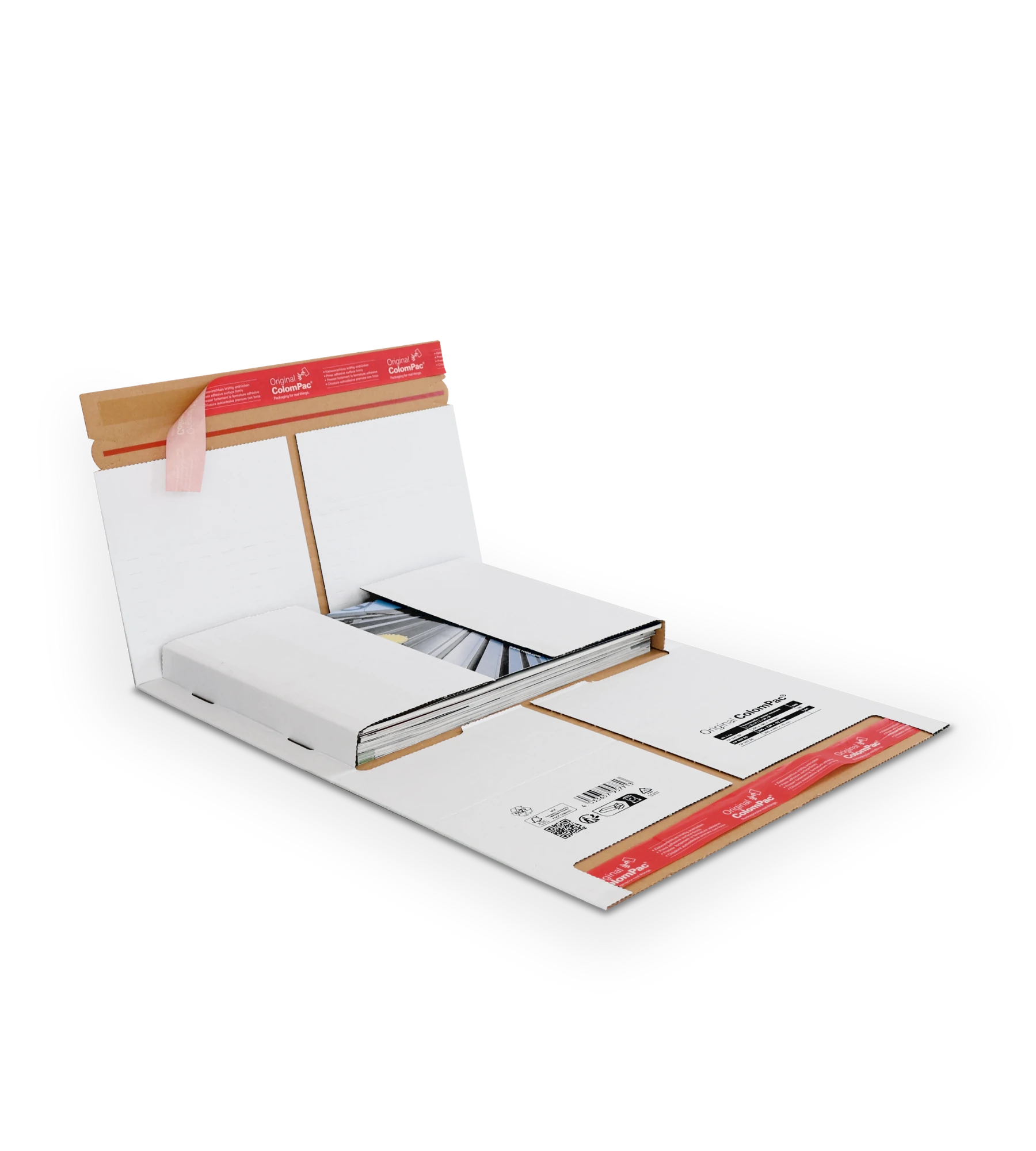 Weiße, geöffnete Wickelverpackung mit roten ColomPac-Selbstklebeverschluss an beiden Klappen. Im Inneren liegt ein Buch.