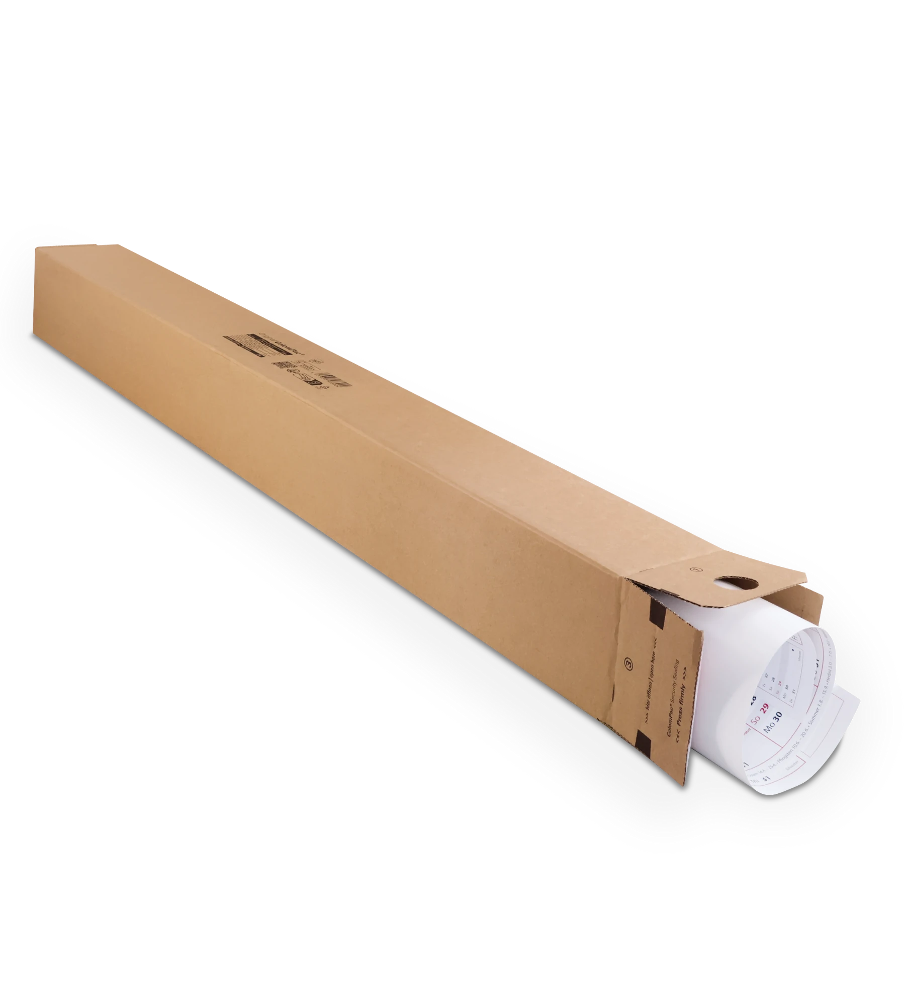 Ein länglicher, rechteckiger Versandkarton aus Wellpappe mit offenem Ende. Im Inneren befinden sich zusammengerollte Papiere mit sichtbarem Text und Diagrammen. Die Verpackung dient dem Schutz und Versand großformatiger Dokumente.
