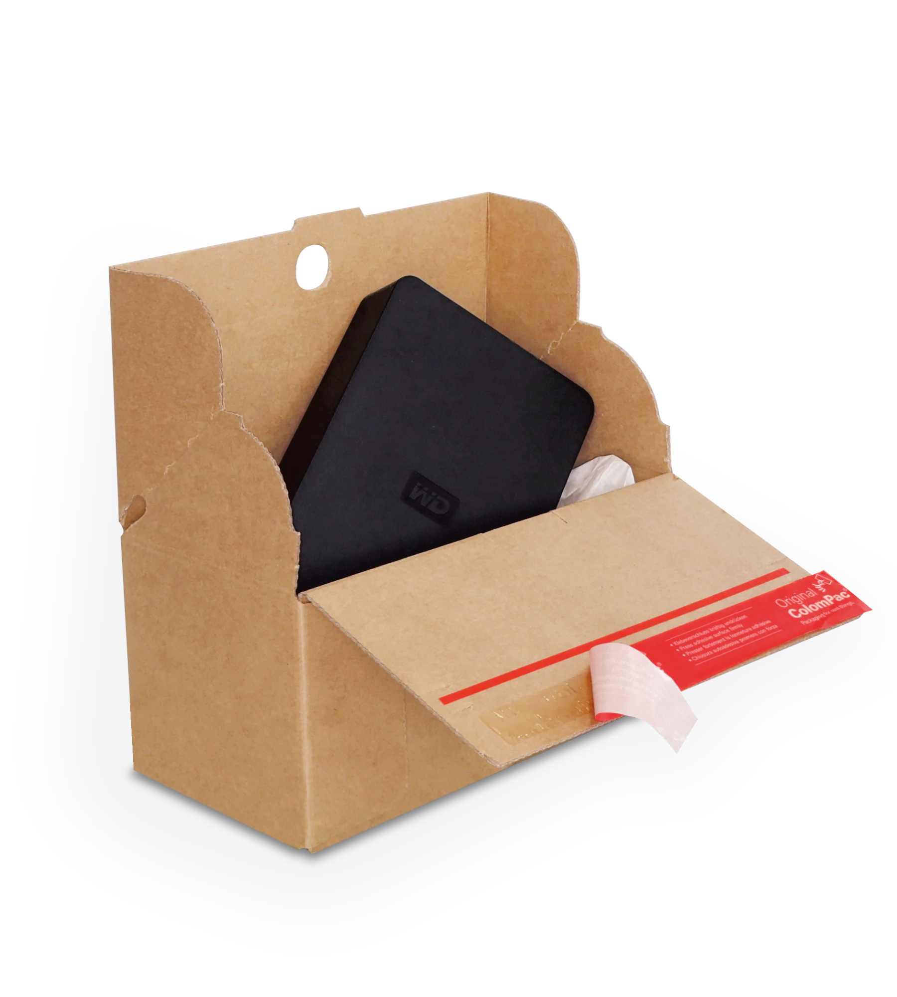 Geöffneter Versandkarton aus Wellpappe mit einer externe Festplatte  Mit roten ColomPac-Selbstklebeverschluss unten.
