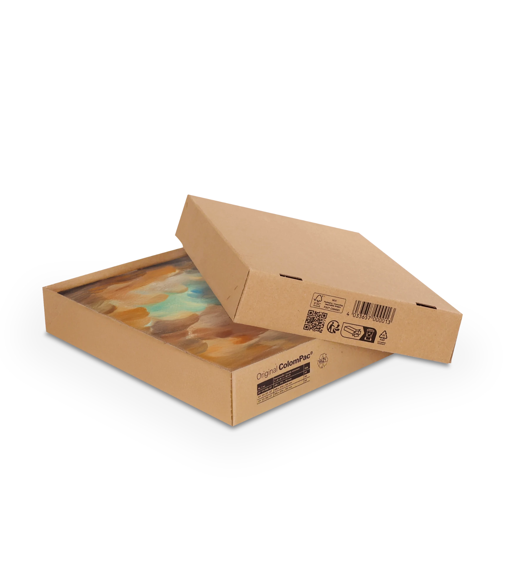 Ein teilweise geöffneter Versandkarton mit Deckel. Im Inneren sind bunte Inhalte sichtbar.