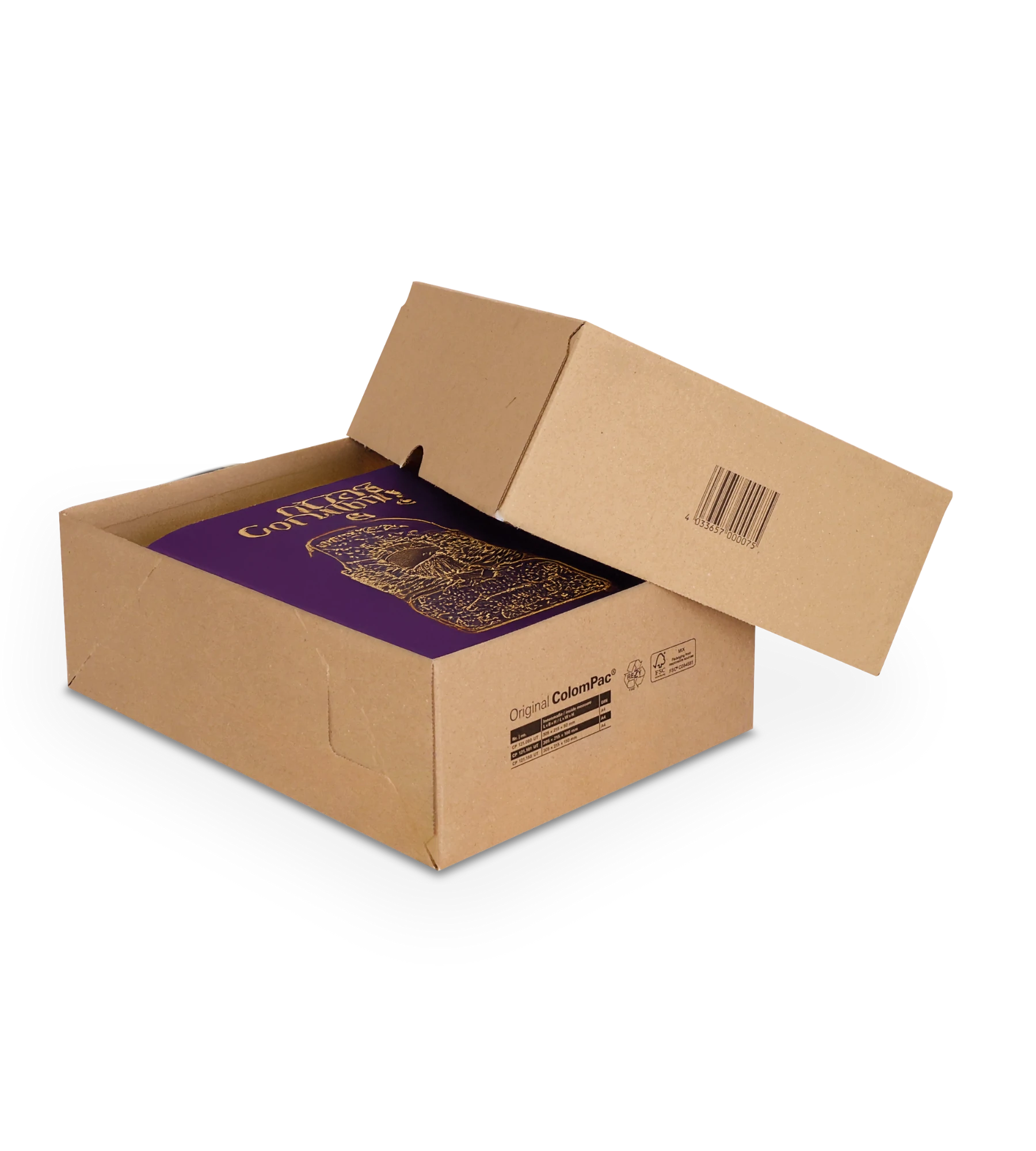 Ein teilweise geöffneter Versandkarton mit Deckel mit einem lilafarbenen Produktpaket im Inneren.