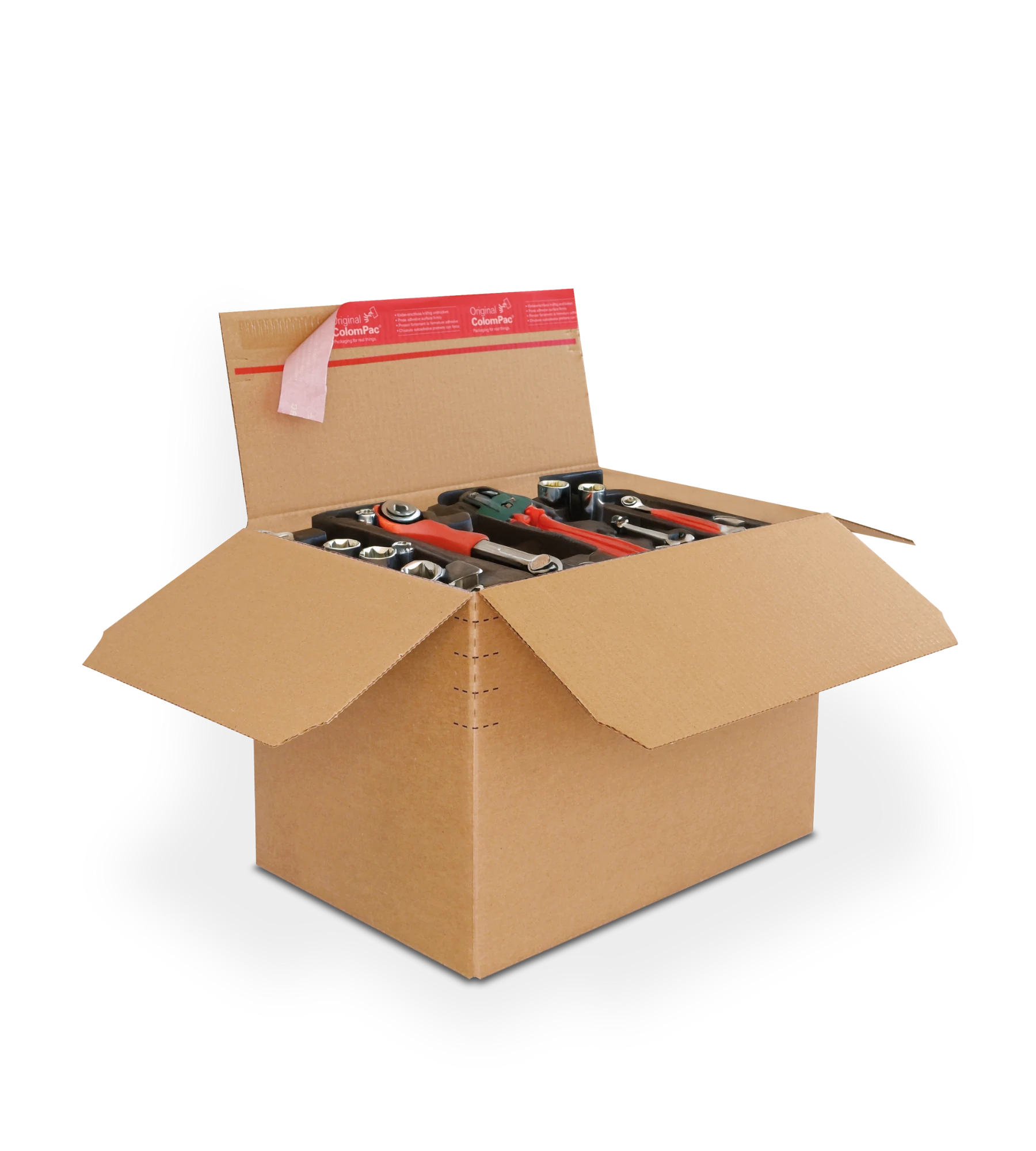 Geöffneter brauner Versandkarton aus Wellpappe mit verschiedenen Handwerkzeugen wie Schraubenschlüssel und Zangen. Die Werkzeuge sind teilweise sichtbar. Oben am Karton befindet sich ein roter ColomPac-Selbstklebeverschluss.