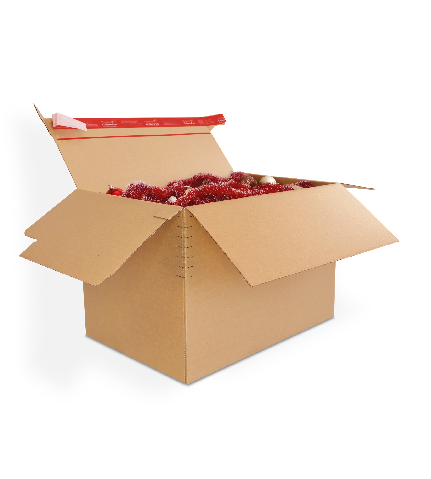 Geöffneter brauner Versandkarton aus Wellpappe mit rotem Lametta und Weihnachtsdekorationen. Oben am Karton befindet sich ein roter ColomPac-Selbstklebeverschluss.
