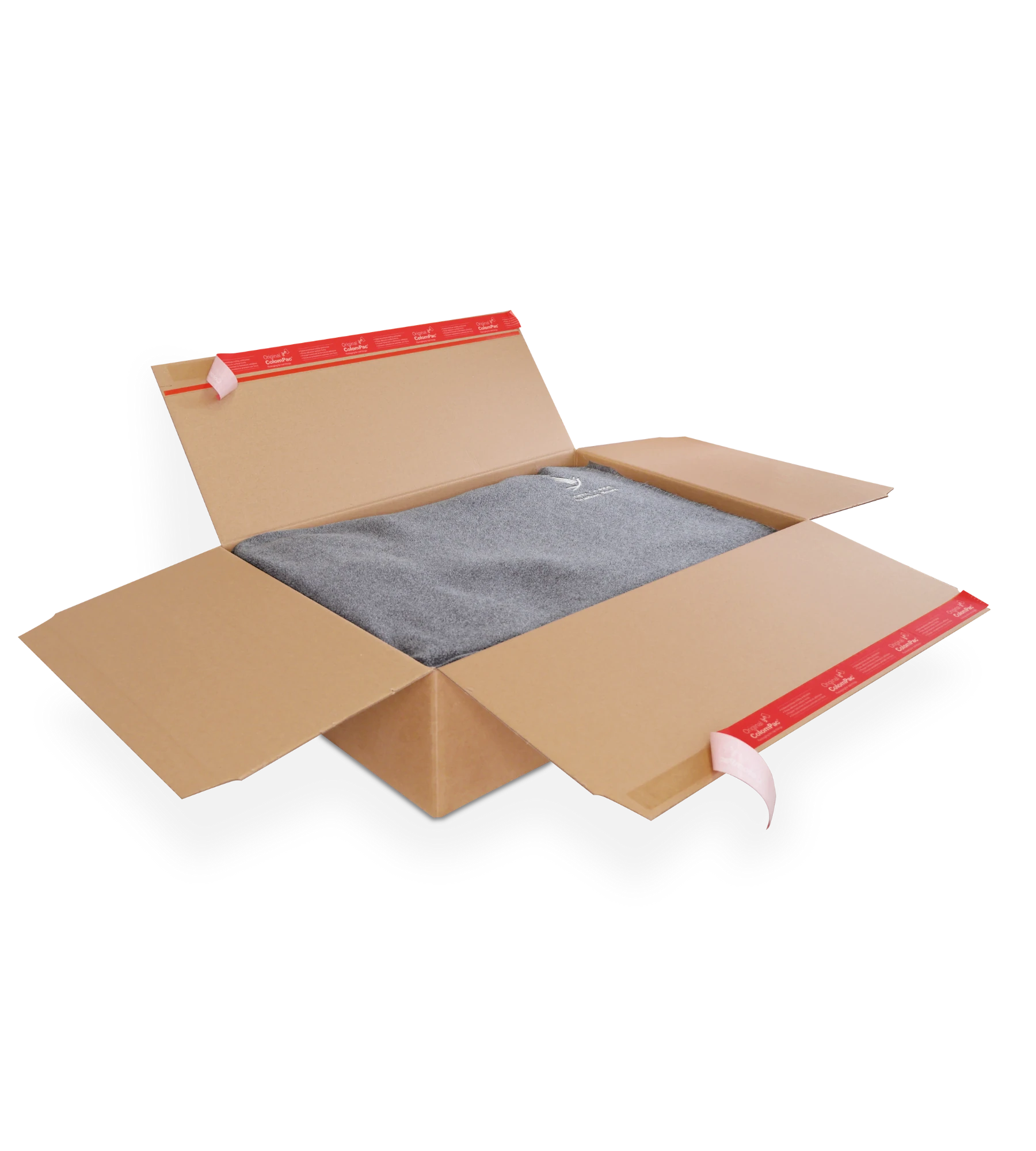 Geöffneter brauner Versandkarton aus Wellpappe, mit ColomPac-Selbstklebeverschluss an den Deckelklappen. Im Inneren liegt ein grauer Stoffartikel.