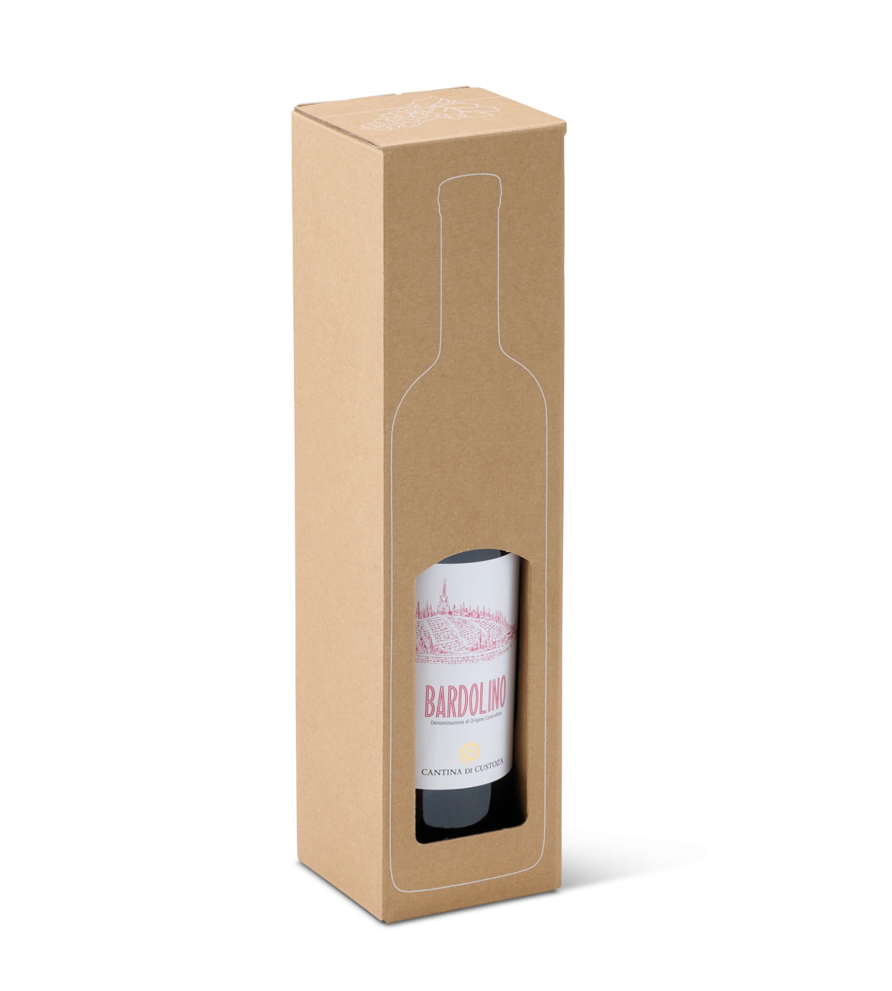 Kartonverpackung mit Sichtfenster, durch das eine Weinflasche sichtbar ist; Flaschenumriss auf dem Karton aufgedruckt.