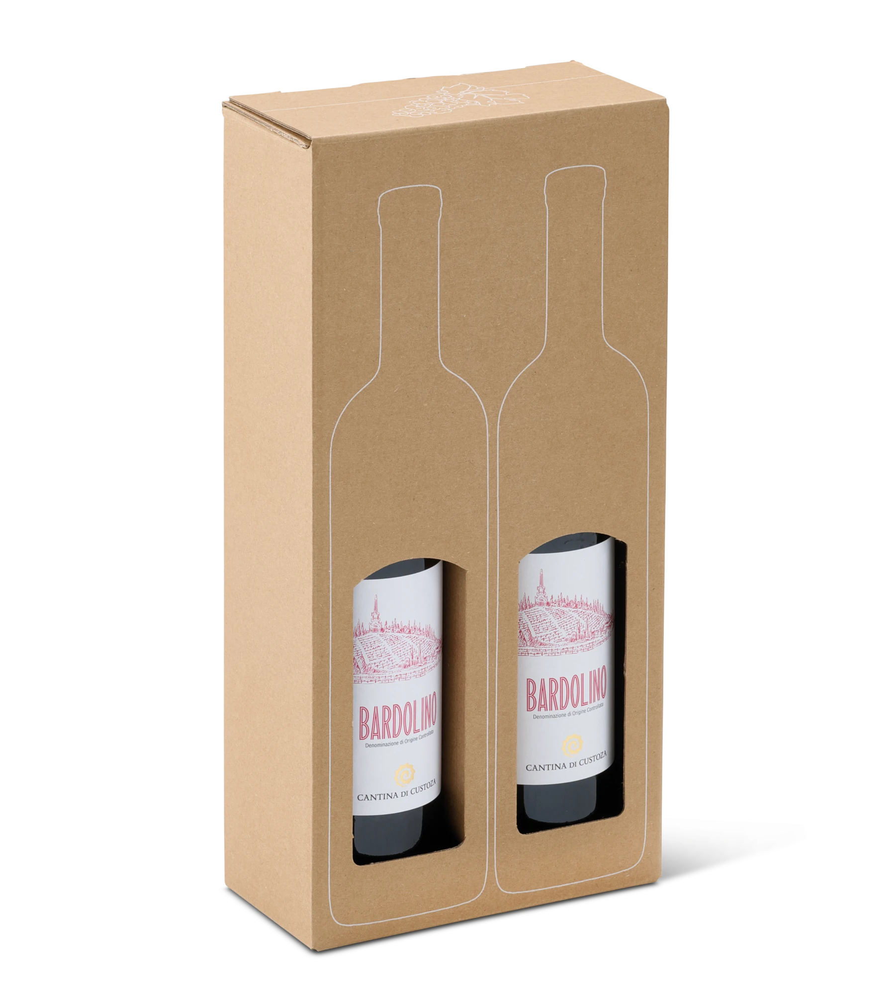 Kartonverpackung mit zwei Bardolino-Weinflaschen, sichtbar durch Aussparungen; Flaschenumriss auf dem Karton aufgedruckt.