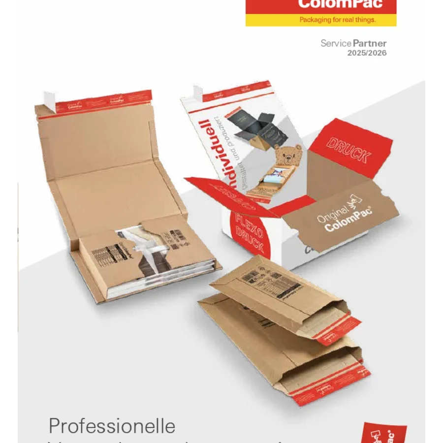 Titelbild des ColomPac-Katalogs 2025/2026 mit professionellen Versandverpackungen und Selbstklebeverschluss.