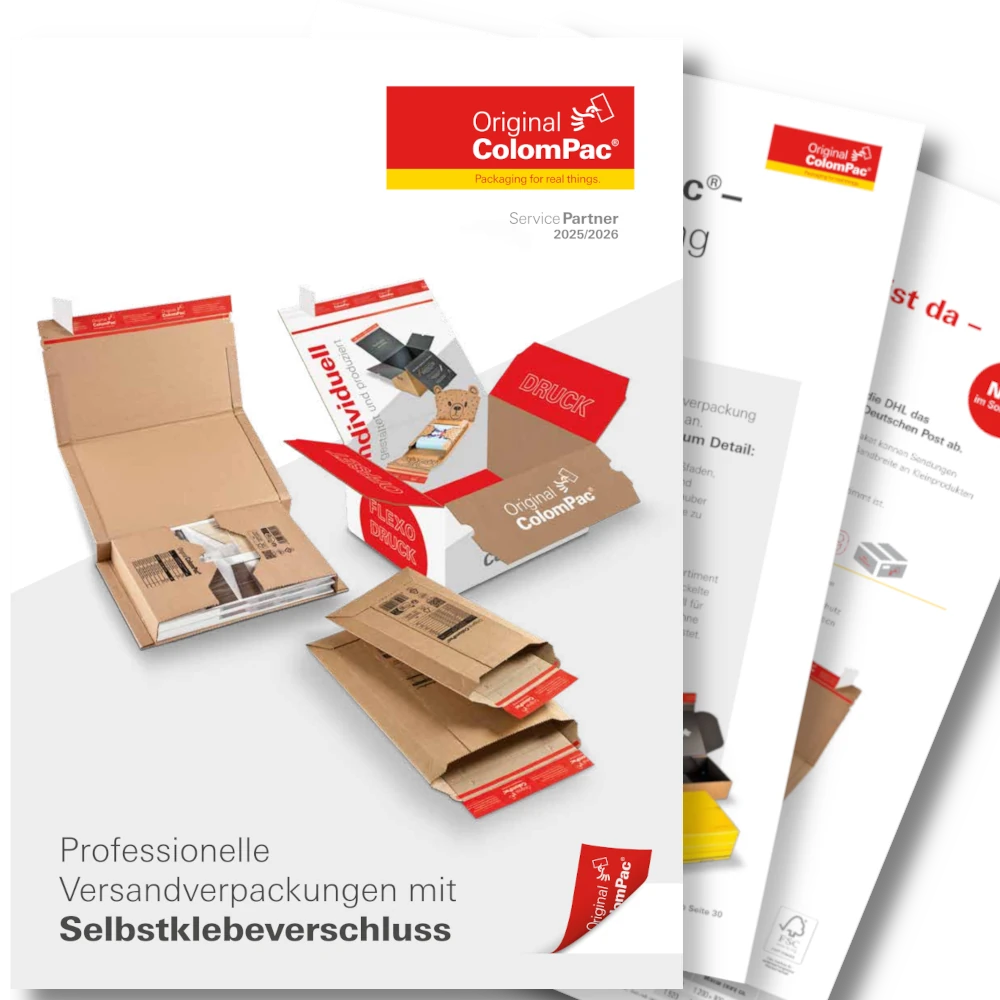 Titelbild des ColomPac-Katalogs 2024/2025 mit Versandkartons und Selbstklebeverschluss, im Vordergrund verschiedene Verpackungen für individuelle Anwendungen.