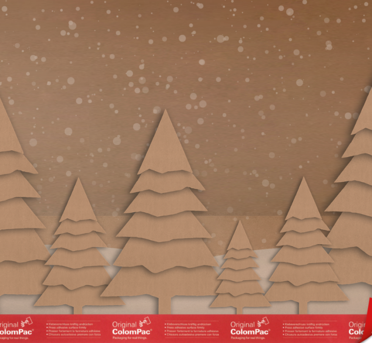 rafik mit stilisierten Tannenbäumen aus braunem Karton vor einem Hintergrund mit Schneeflocken.