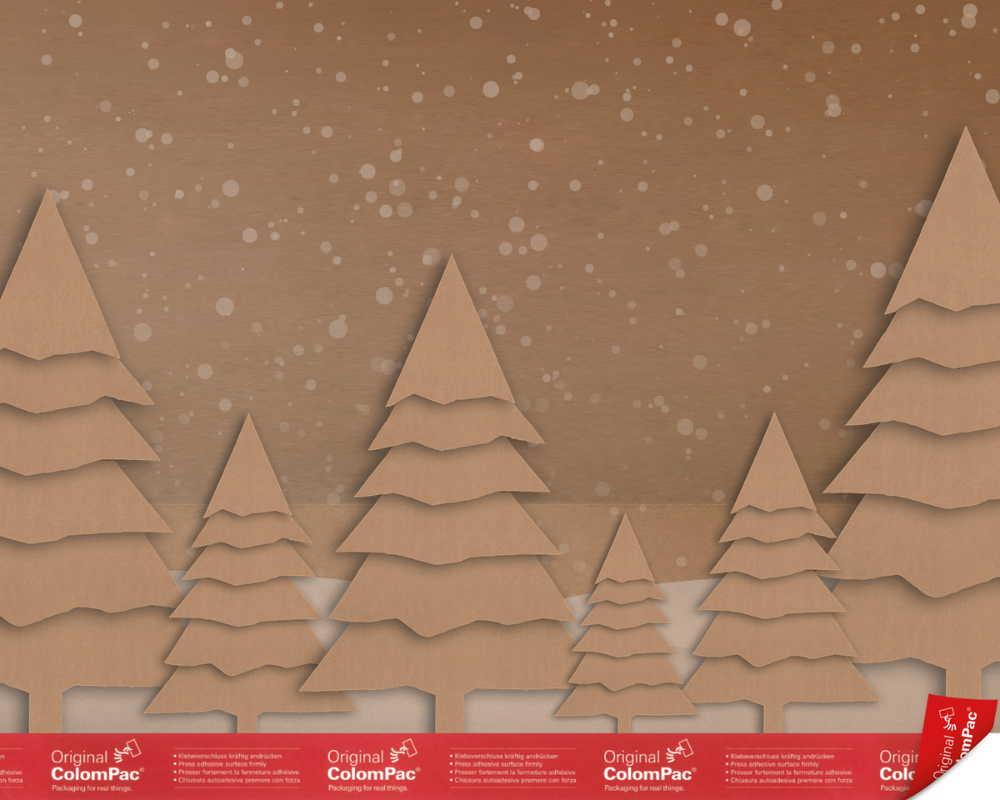 rafik mit stilisierten Tannenbäumen aus braunem Karton vor einem Hintergrund mit Schneeflocken.